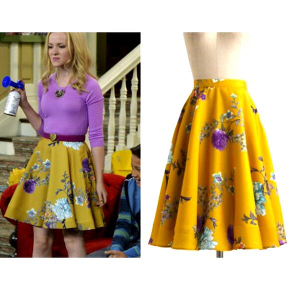 ModCloth Yellow Shiny Floral Knee Length A-Line Skirt Sz XS ASO Liv & Maddie - Picture 1 of 10